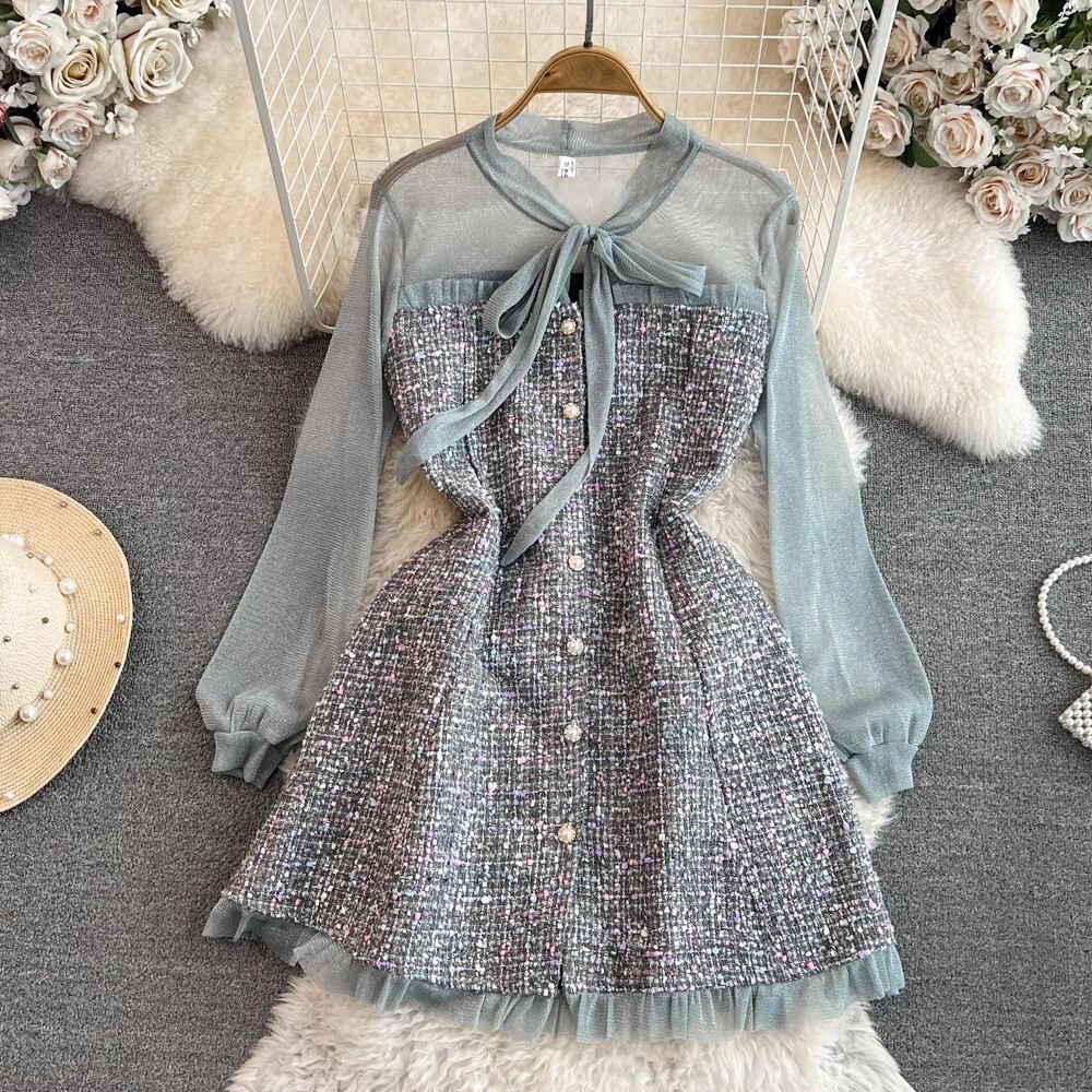 Urban Lady's Fall/winter Style Chic Fashion Socialite Elegant Mesh Material Long-sleeved Bow-neckline Waist Cinched Tight A-line Tweed Ladies