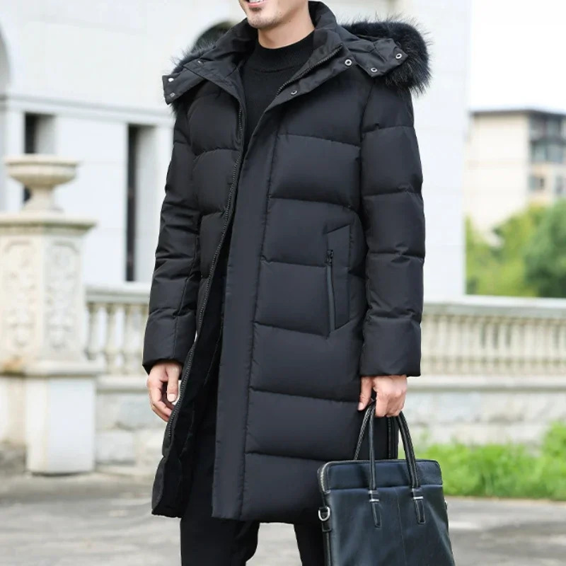 Winter Fur Collar Down Jacket Mens Business Thickened Warm White Duck Coat Men Casual Long Coldproof Hooded Parka 251225