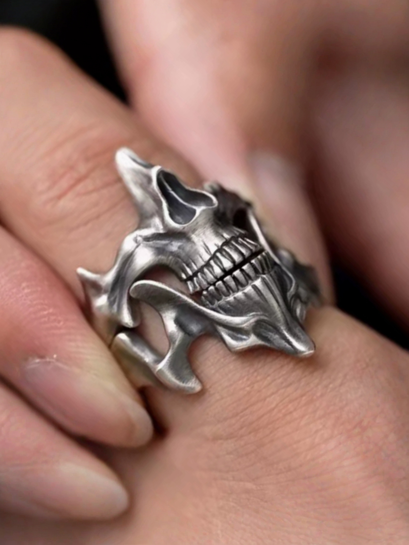 Men's Gothic Skull Open Ring - Adjustable Vintage Silver Punk Rock Trendy Statement Jewelry