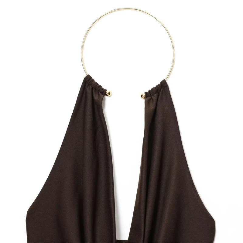 HXAO Halter Neck Bodysuits Sexy Summer Off Shoulder Bodysuit Women Brown Top Ruched Ring Backless Thong Woman 251231