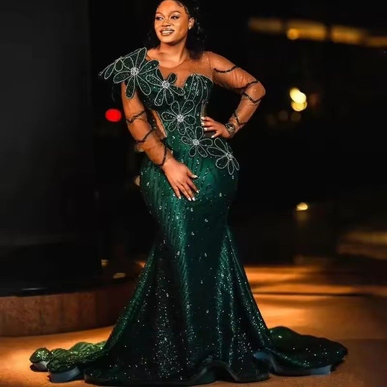 Customized Long Sleeves Beading African Women Sequin Prom Dress Aso Ebi Special Occasion Evening Wear Luxury Dark Green Hand Flowers Second Reception Gown LG0643