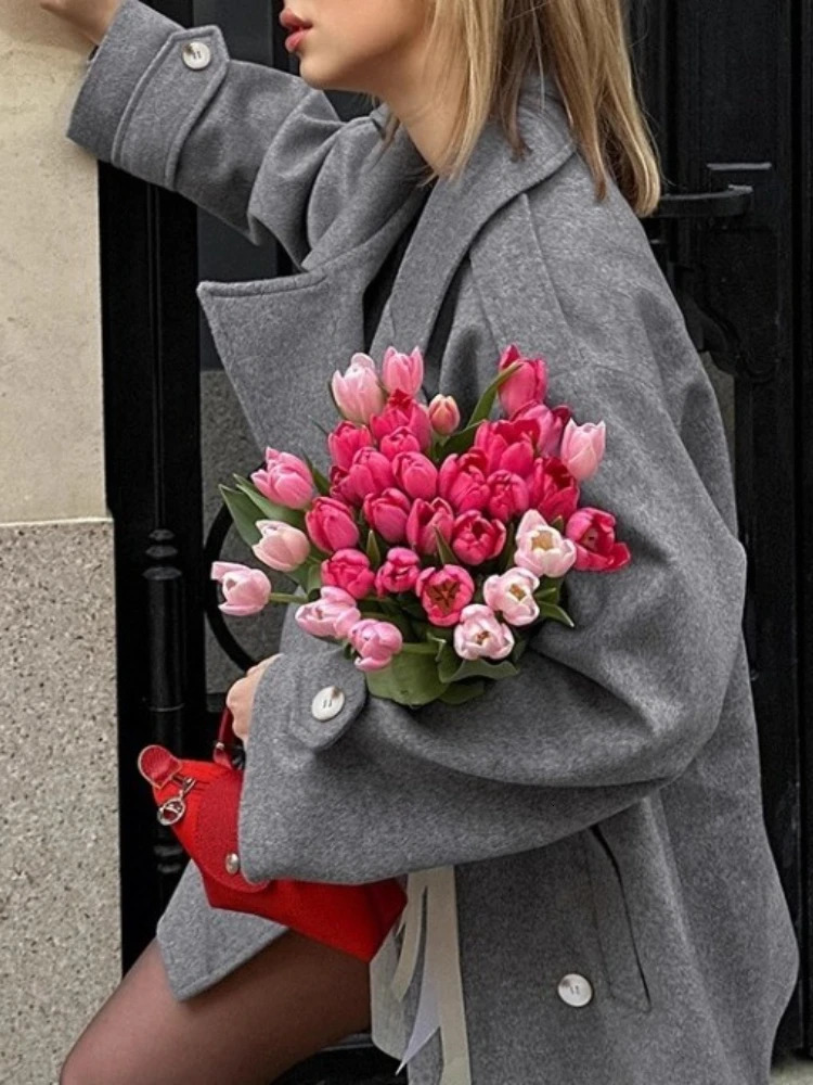 Grey Double Breasted Woolen Blend Coat Women Lapel Long Sleeve Pockets Casual Jackets Autumn Lady Daily Outerwear 251216