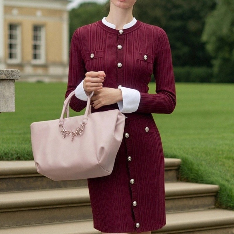 2026 Autumn/winter New Style Urban Sexy Women's Dress - French Style Elegant Model - Round Neck Long Sleeve Single Button Form-fitting Close-fitt