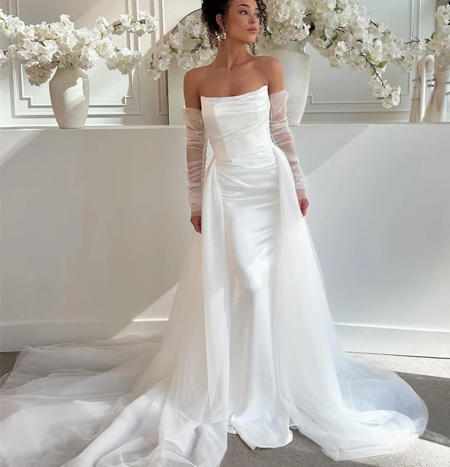 2026 New Elegant Wedding Dress Strapless Detachable Long Sleeves A Line Satin Church Bridal Bride Gowns Vestidos De Noiva Robe De Mariage