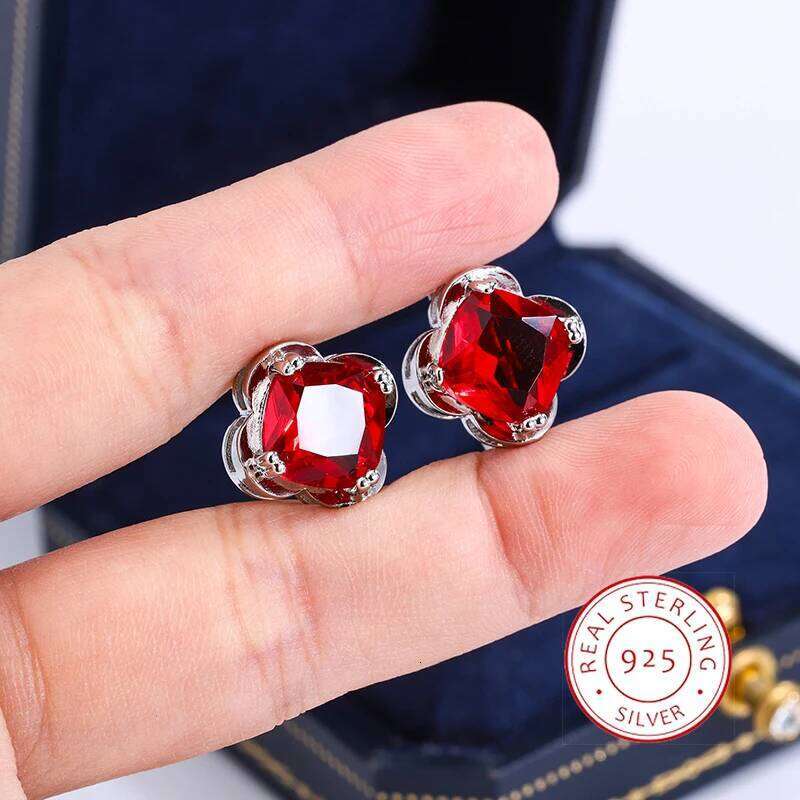 925 Plated Stud for Women Fashion Red Zircon Four-leaf Clover Earrings High Quality Silver Anniversary Gift