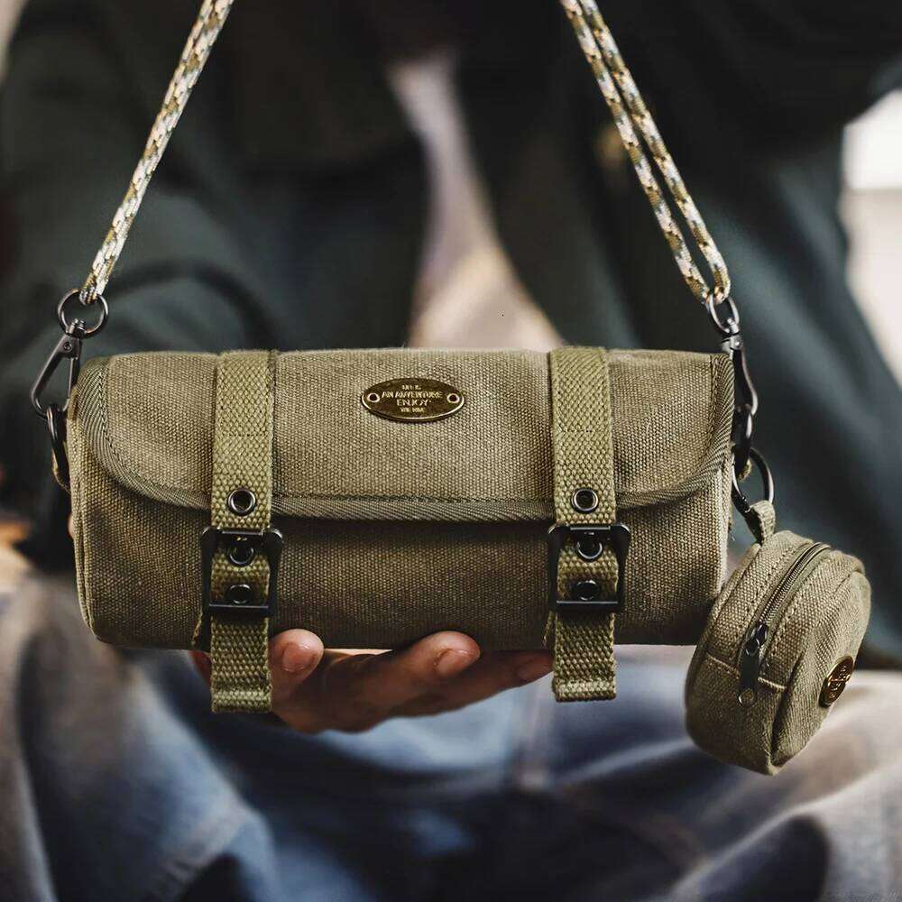 Men S Vintage Canvas Military Green Cylinder Woven Shoulder Strap Crossbody Commuter Bag Detachable Coin Purse High Quality Luxury Bag