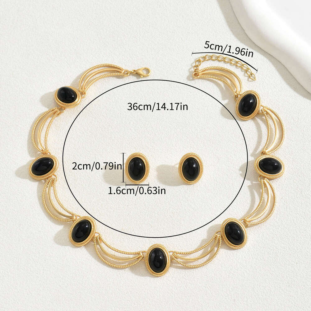 Cross-Border European American Court Style Women's Earrings and Necklace Set Vintage Inlaid Gemstone Design High-End Clavicle Chain for Women
