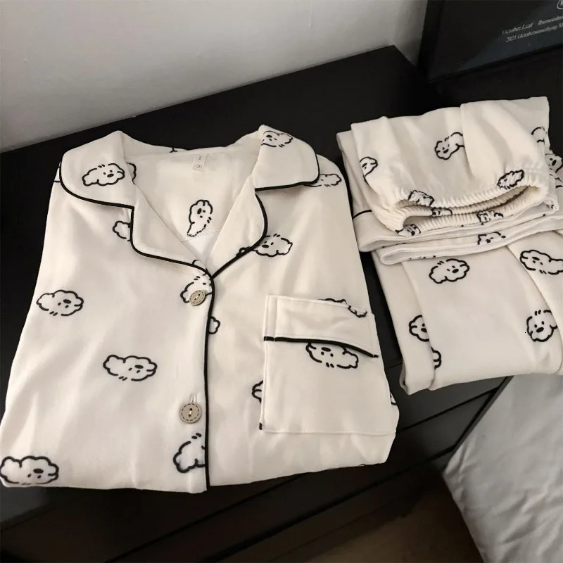 Embroidery Rabbit Sweet Cute 2 PC Set Womens Pajamas Casual Warm Autumn Winter Sleepwear Woman Fashion Soft Loungewear 251231