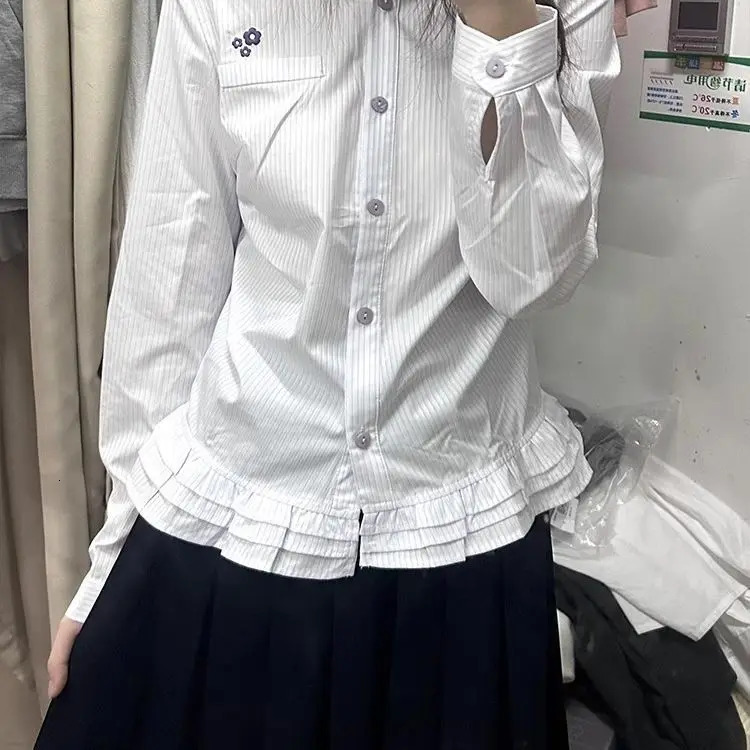 Japanese Sweet Academia Shirt Women Striped Long Sleeve Blouse with Ruffle Hem Y2K Vintage School Style Top Kawaii Unique De 251231