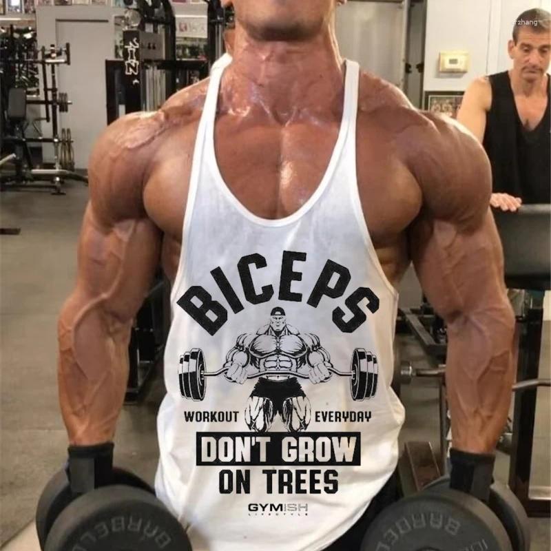 Men's Sleepwear Y-Back Gym Stringer Tank - "Biceps Don't Grow On Trees" Print Cotton Ideal For Arm Workouts & Bodybuilding