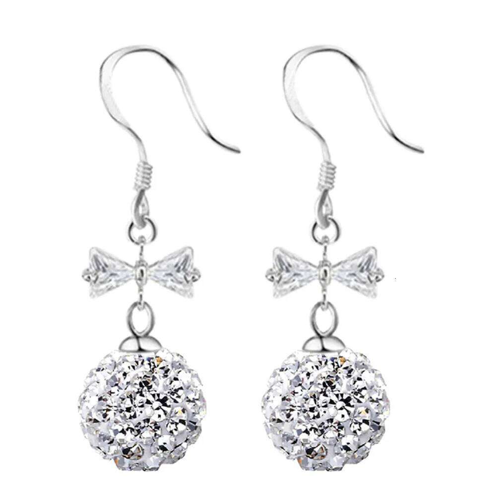 925 Sterling Silver Bow Full Diamond Ball Earring Ladies Fashion Simple Birthday Party Wedding Anniversary Jewelry Gift