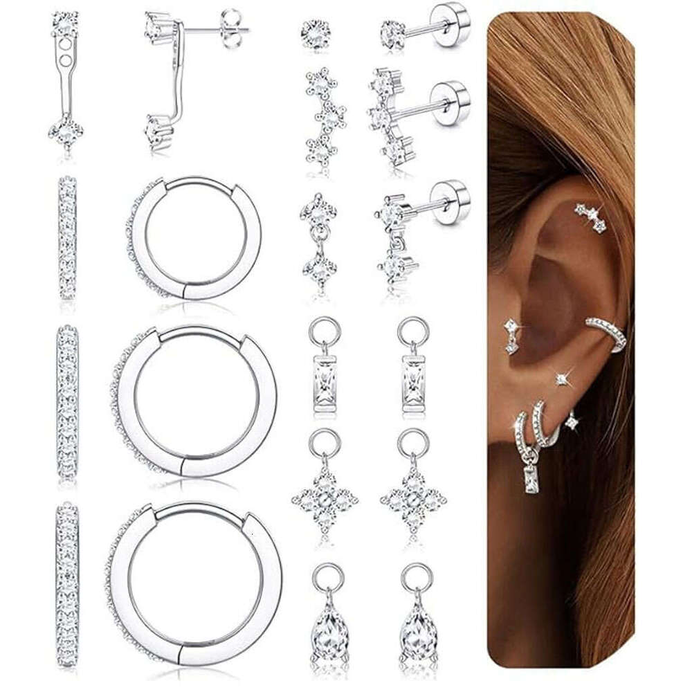 Cross-Border Foreign Trade Best-Selling Flat Back CZ Charms Trendy Versatile gold Stackable Earrings Set Decorations