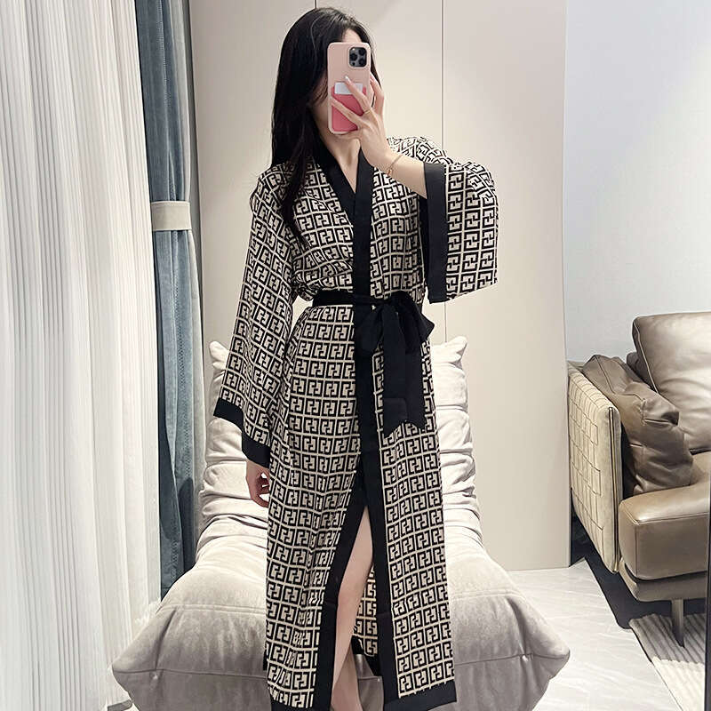 for Women Spring Summer New Ice Silk Sleeve Loose Tie Long Nightdress High-end Printed Homewear Can Be Worn Outside