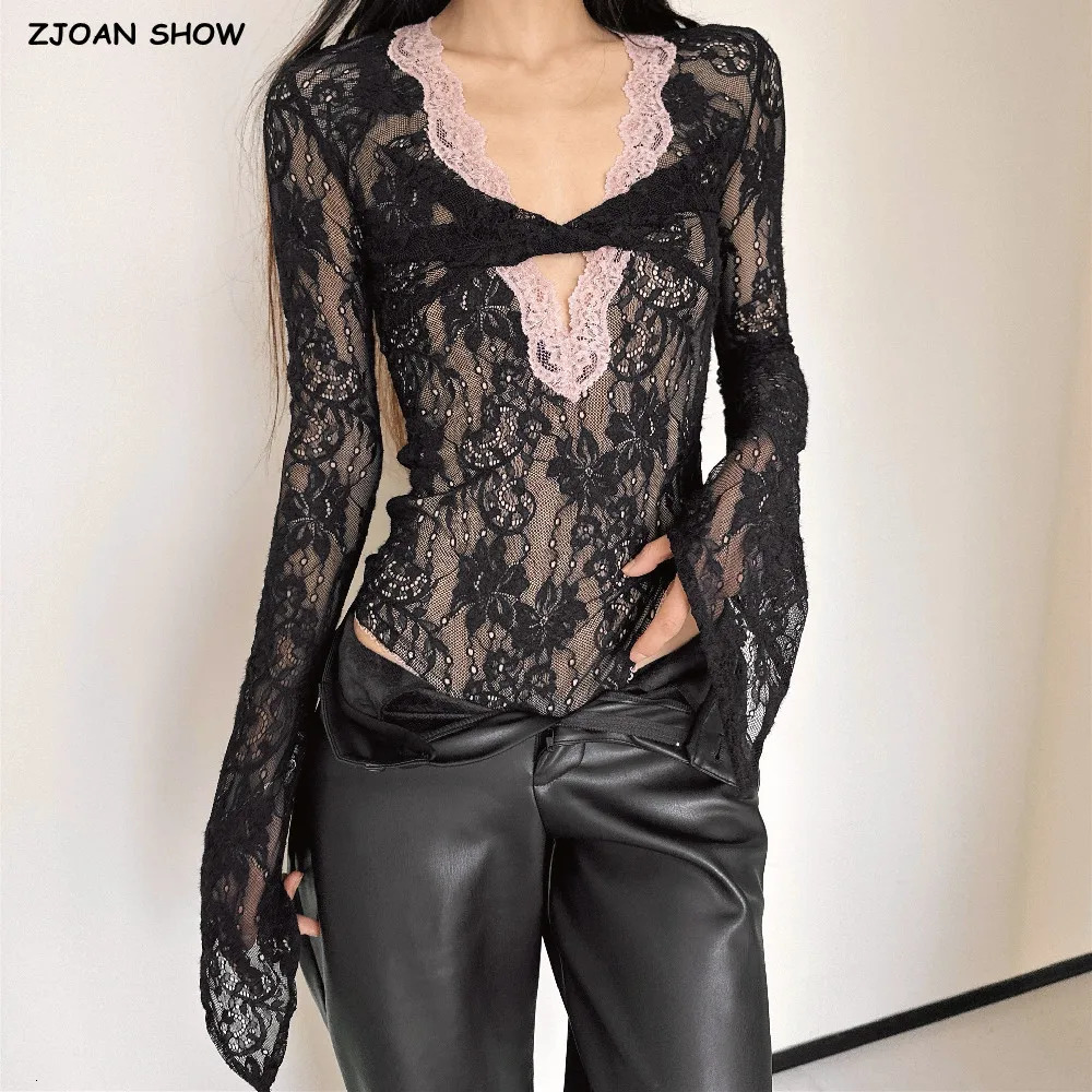 See Through Lace With Lining Bow V neck Long Sleeve Bodysuit Sexy Woman Tight Short Jumpsuit Slim fit Rompers Playsuits 251231