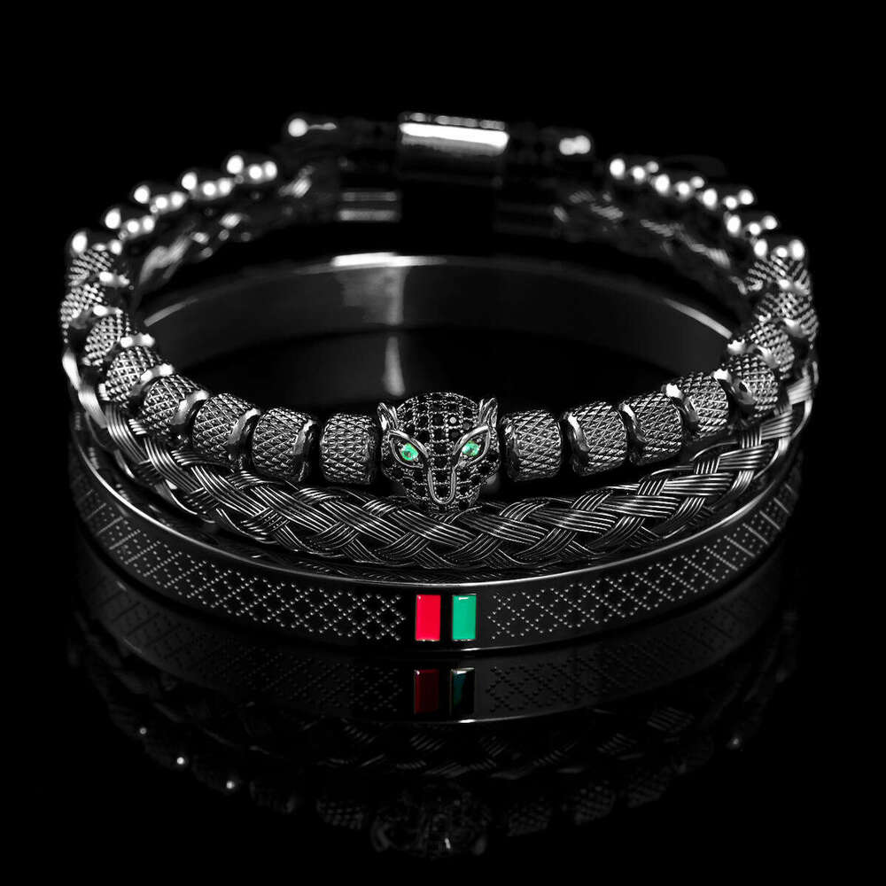 Hot-Selling European American Stainless Steel Braided Bracelet Set for Men and Women Roman Leopard Head Crown Punk Style Versatile Jewelry