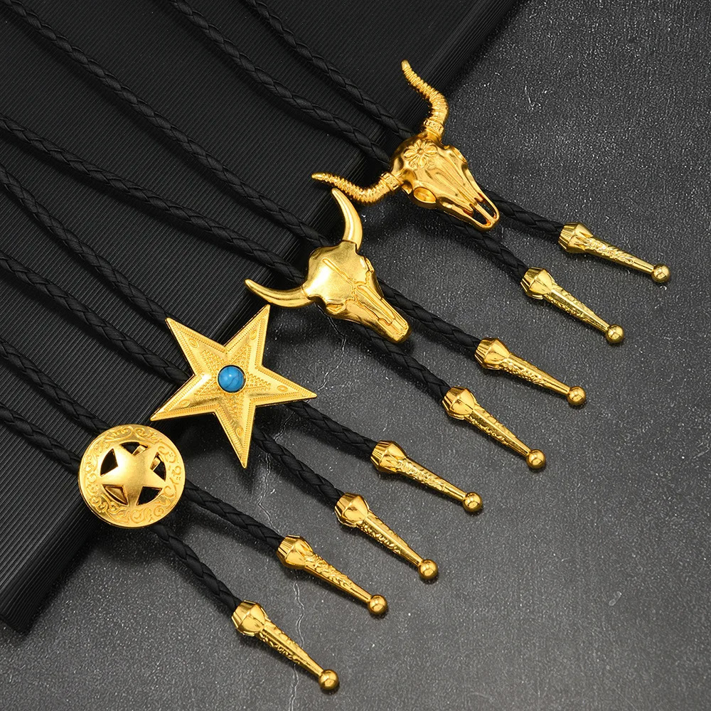 Alloy Bull Head Star Bolo Tie Gold Color Western Cowboy Style Leather Necklace Chain Bowtie Fashion Accessory for Men 251230