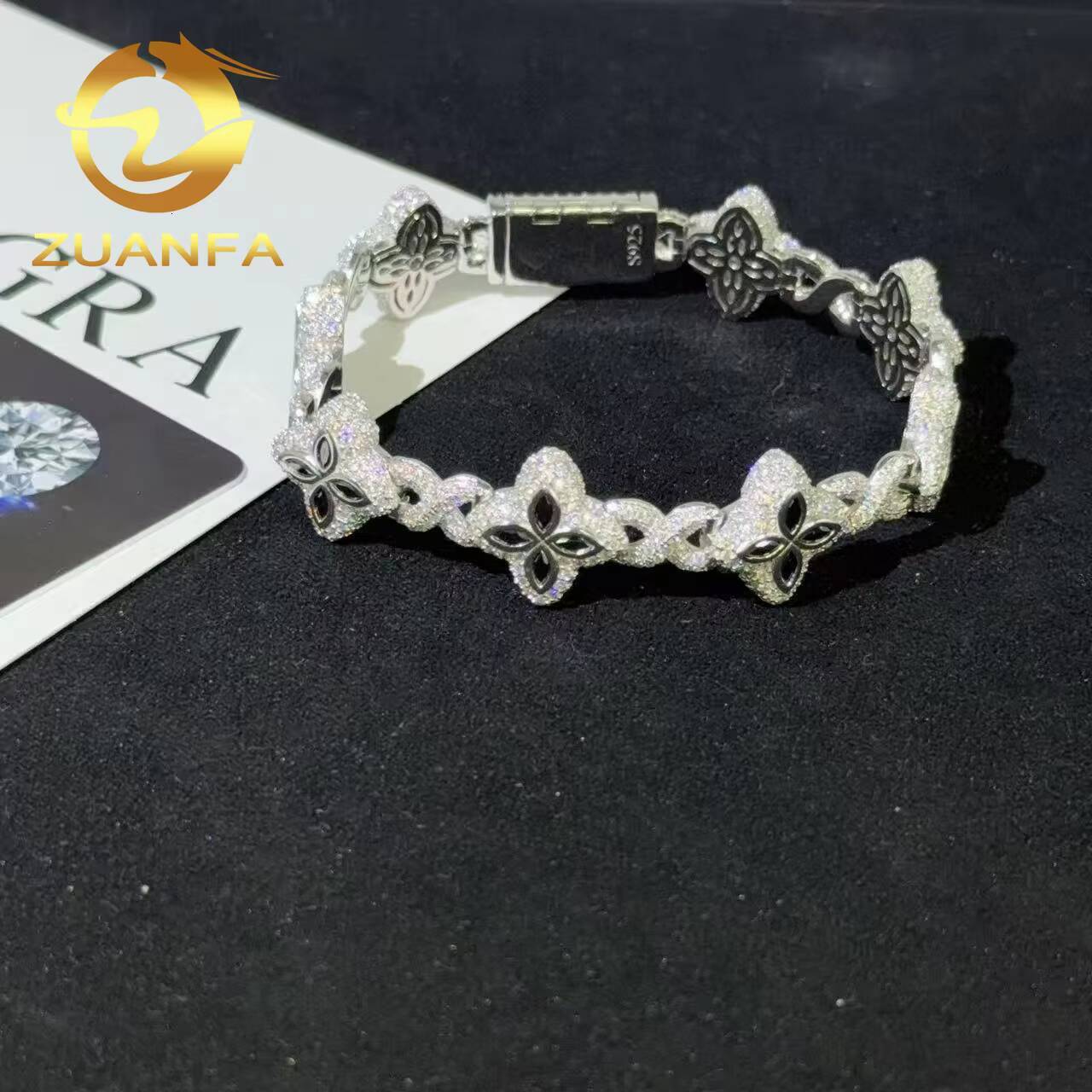 Moissanite Hip Hop Jewelry 15mm Flower Design Iced Out Moissanite Cuban Link Bracelet 925 Silver Moissanite Diamond Bracelet
