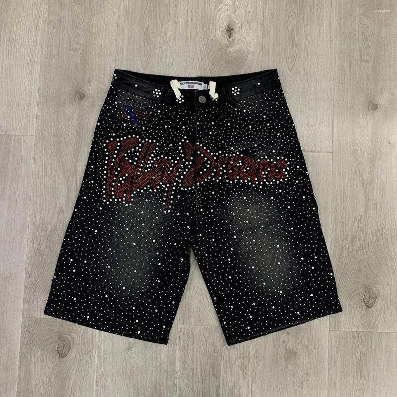Men's Shorts Full Rhinestone Shinning Black Baggy Jeans For Men Letter Embroidery Brilliant Diamond Loose Denim Knee Length Pants