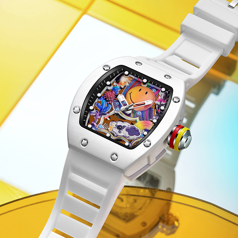 Barrel Case Colorful Cartoon Smile Watch, Skeleton Dial Yellow Silicone Strap Wristwatch with 3D Decor Color Accent Crown, Playful Trendy Statement Watch for Daily