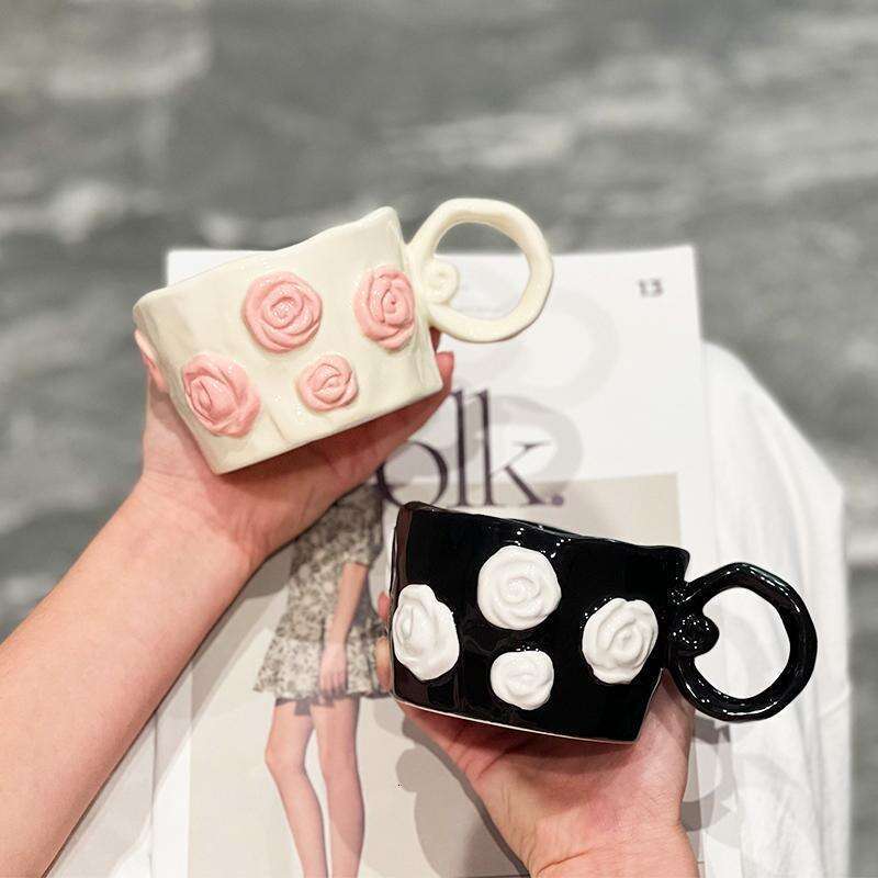 Couple's Mugs Gifts Souvenirs Rose Patterned Ceramic Cups For Women Exquisite Girly Style 3D Hand Painted Relief Design