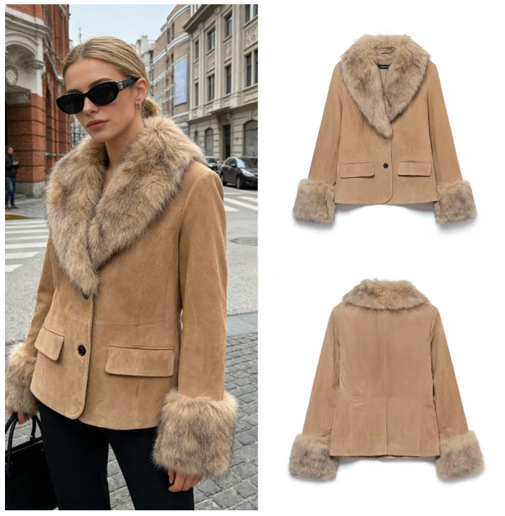Fashion Women Splicing Faux Fur Collar Coat Chic Long Sleeve V-neck Warm Slim Fit Jacket Female Winter Party Street Wear