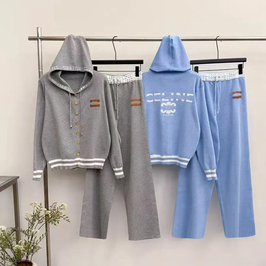 Fashion Women Two Piece Pants Set Hooded Letter Print Cardigan Jacket with Elastic Waist Wide-Leg Pants Knit Two Piece Casual Set