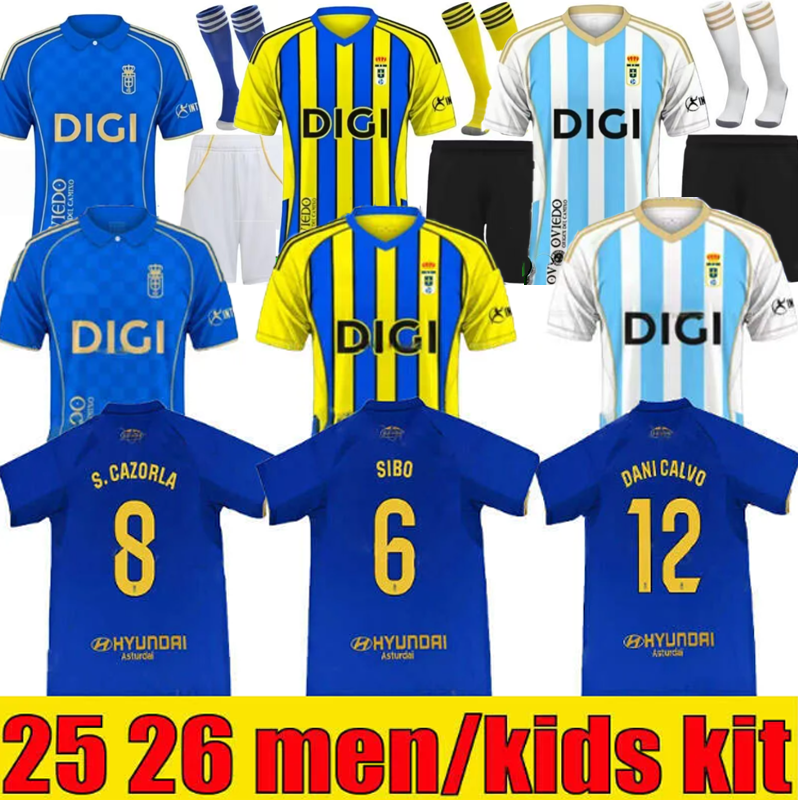 25 26 Real Oviedo Mens Soccer Jerseys S.CAZORLA Home Blue Away yellow 3rd 2025 2026 Football Shirt Short Sleeve men kids