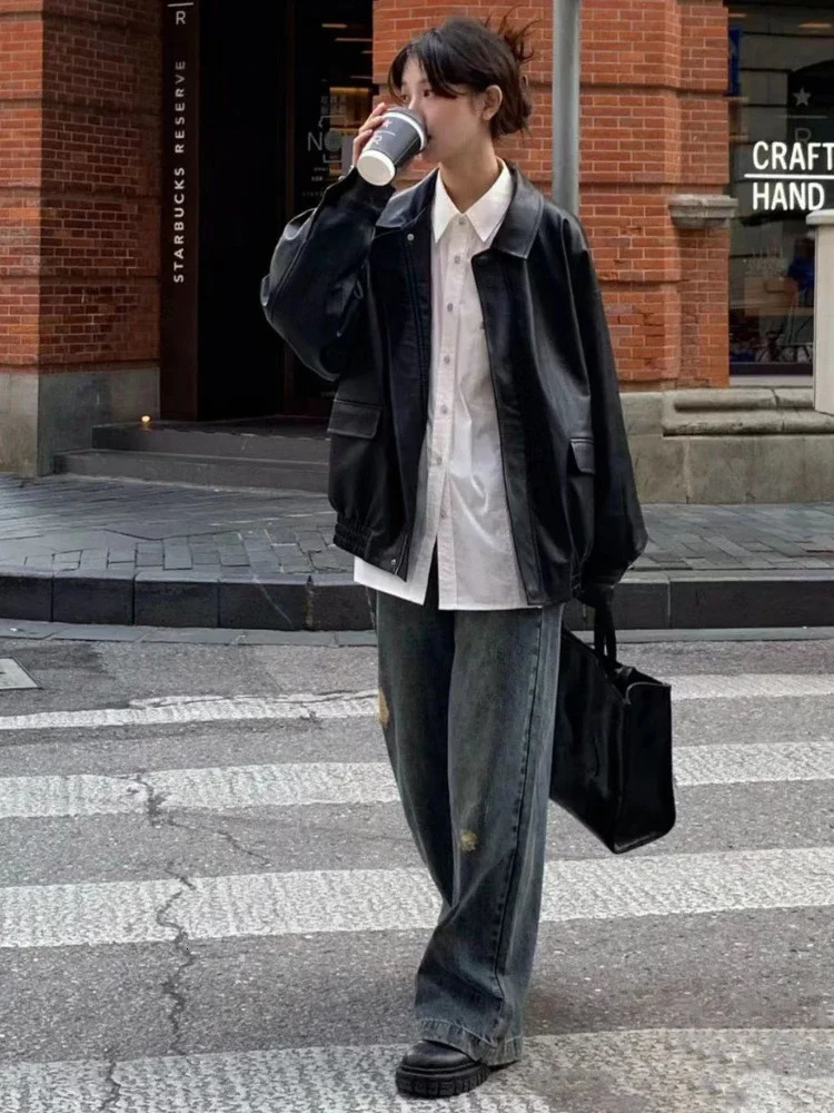 Vintage PU Leather Jacket Women High Street Techwear Oversized Moto Biker Coats BF Punk Loose Casual Cropped Outerwear 260104
