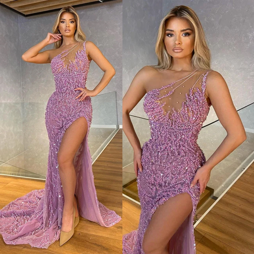 Classic Mermaid Evening Dresses For Women One Shoulder Sleeveless Gown Beaded Split Side Sweep Train Dress Party Customized Dress