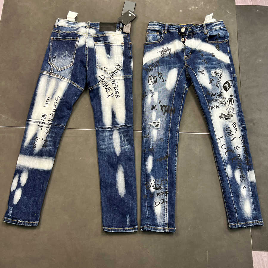 Little Three Graffiti Distressed Jeans for Men Trendy Brand Stretch Slim Fit High-End Printed Washed Long Pants T260105