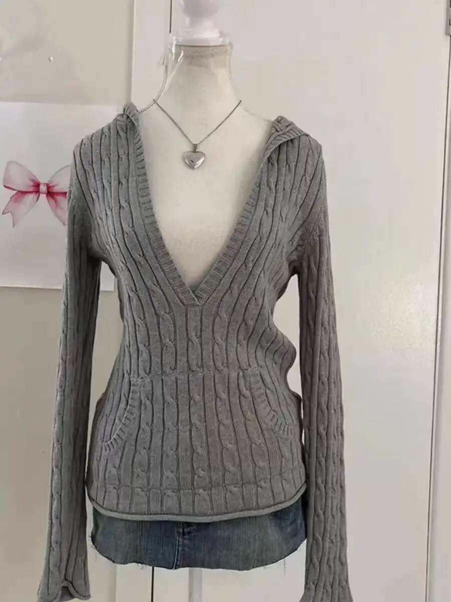 Bestseller Vintage Slim Fit Autumn Hooded Casual Knitted Sweater Women's Retro V-neck Design Tops Pullover Thick 2025 Fashion New ddmytues