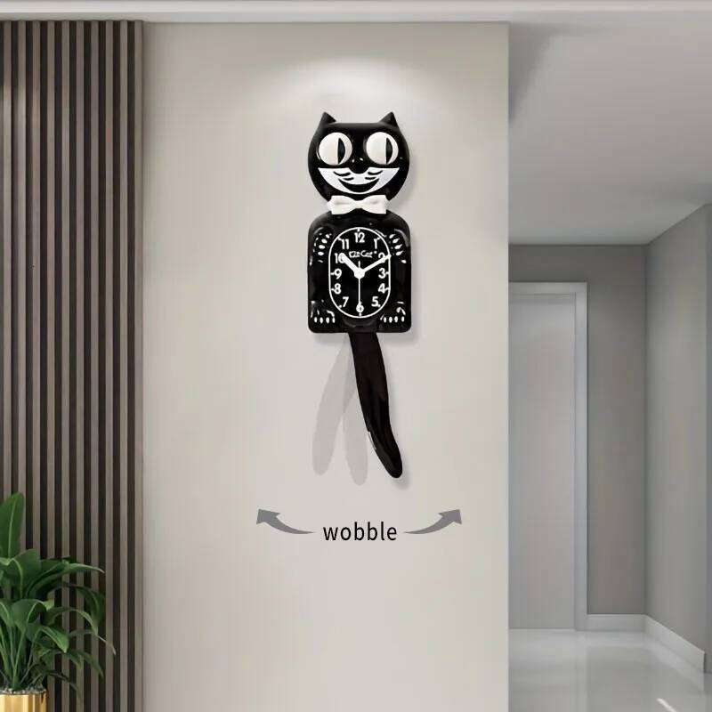 Cartoon Tail Swinging Cute Cat Wall Decoration Black Brief Clocks Glass Mirror Surface 2D Silent Clock 26H0105