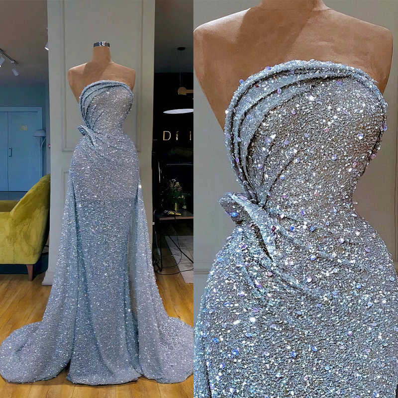 Chic Mermaid Evening Dresses Strapless Sleeveless Sequins Rhinestone Celebrity Dresses Party Gowns Customized Vestido De Novia