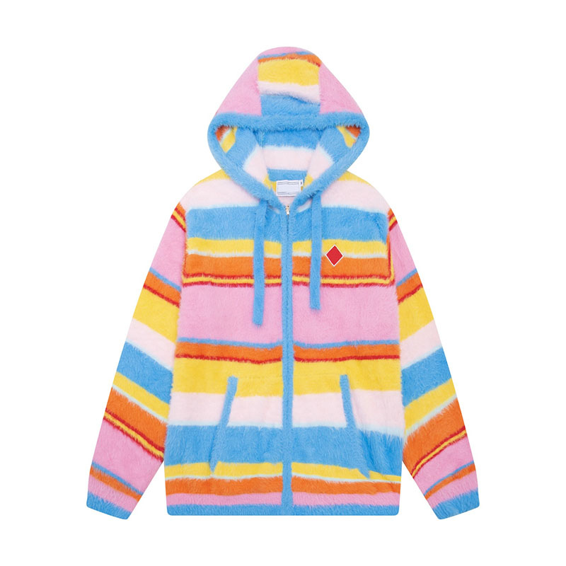 Men Designer Cashmere Cardigan Candy Color Hooded Thick Cute Striped Knitted Coat Pocket Warm Stylish Charming Party Knitwear
