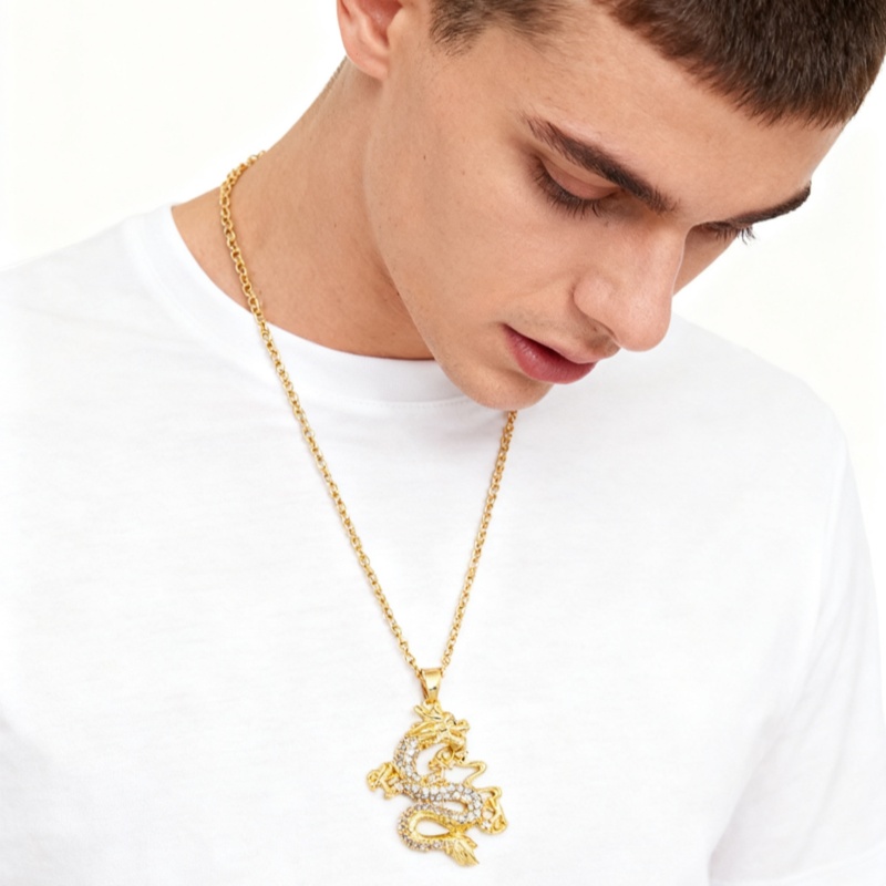 Full Diamond Dragon-Shaped Pendant Necklace with Golden Trendy Metal Chain, Unisex Street Style Necklaces