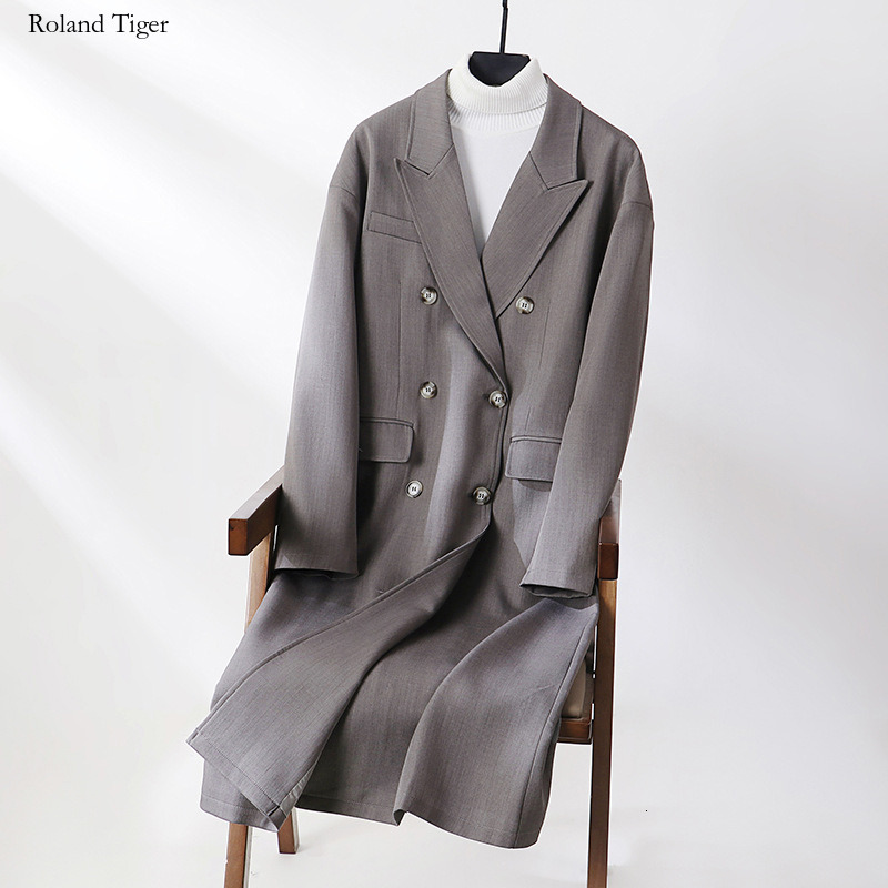 Roland Tiger Classic Turn-Down Collar Oversized Double-Breasted Trench Coat for Men, Extra Long Loose Fit Design Top for Men in Spring and Autumn