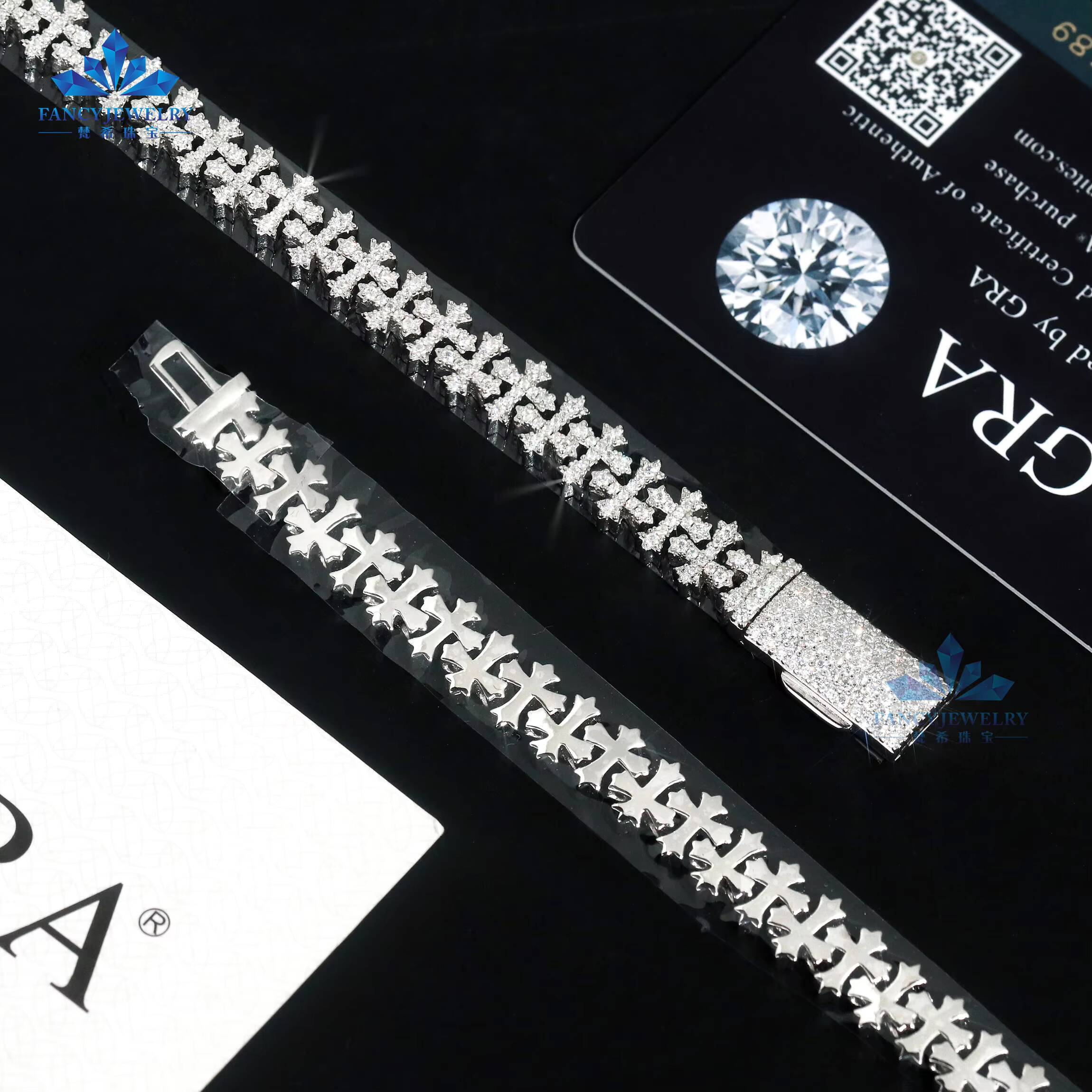 Rapper Jewelry Iced Out Cross Design Moissanite Cuban Chain Bracelet Hip Hop Bracelet 925 Silver Cuban Bracelet Cross