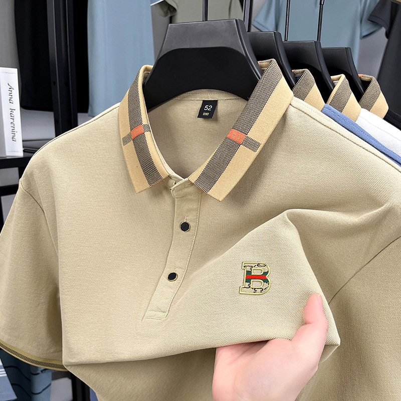 Men's Polos Men's Tees Polos Shirt Men's High-End Casual Fashion B Label Color-Blocking Turn-Down Collar Cotton Half Sle Home Casual Me