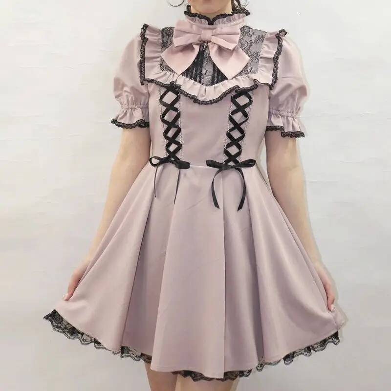 Bestseller Lace Trim Short-Sleeve Bow Gothic Lolita 2025 Autumn Daily Elegant Dating Outfit Women Slim Mini Dress Japanese Fashion ddmytues