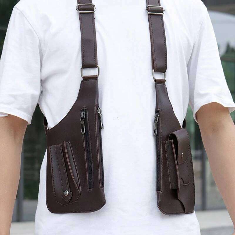 Double Shoulder Strap Multi-Pocket Outdoor Anti-Theft Tactical Vest Chest Bag Waterproof PU Leather Men's Back Crossbody Bags