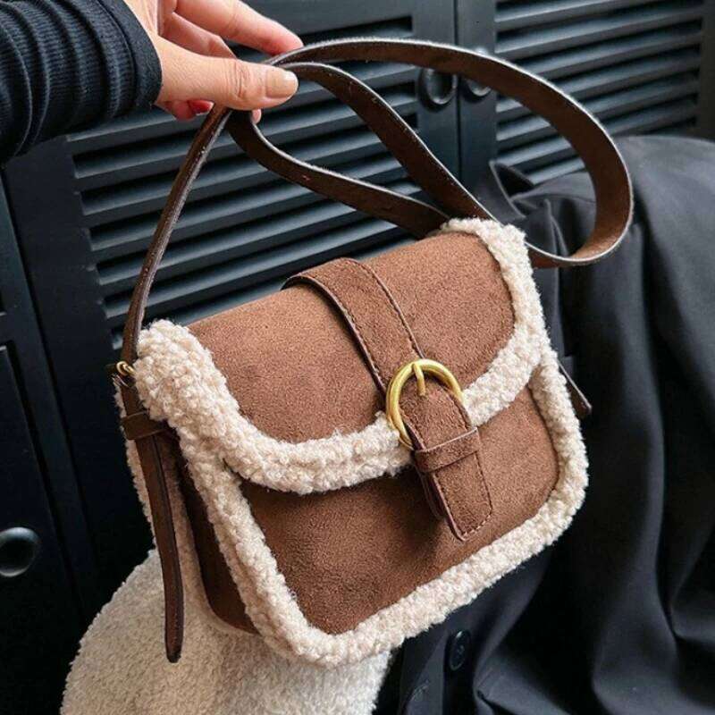 Autumn Winter Plush Bag Women's Korean Retro Small Square Handbags New Suede Lamb Wool Patchwork Shoulder Crossbody Bags