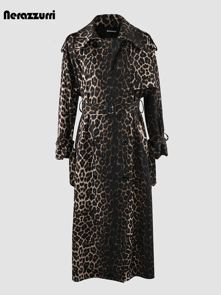 Nerazzurri Autumn Long Oversized Leopard Print Trench Coat for Women with Back High Slit Double Breasted European Fashion 251231