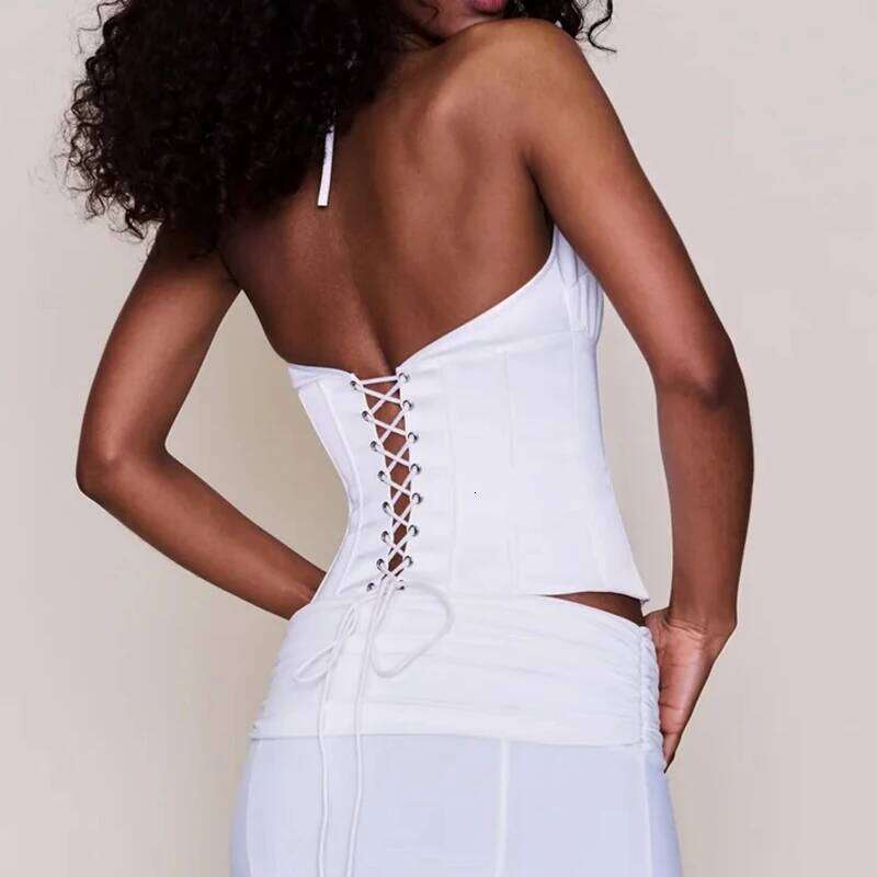 Women Solid Halter Neck Camisole Bodysuit Underwear Summer Front Button Corset Crop Tops Sexy Nigh Out Backless Tie Up Vest