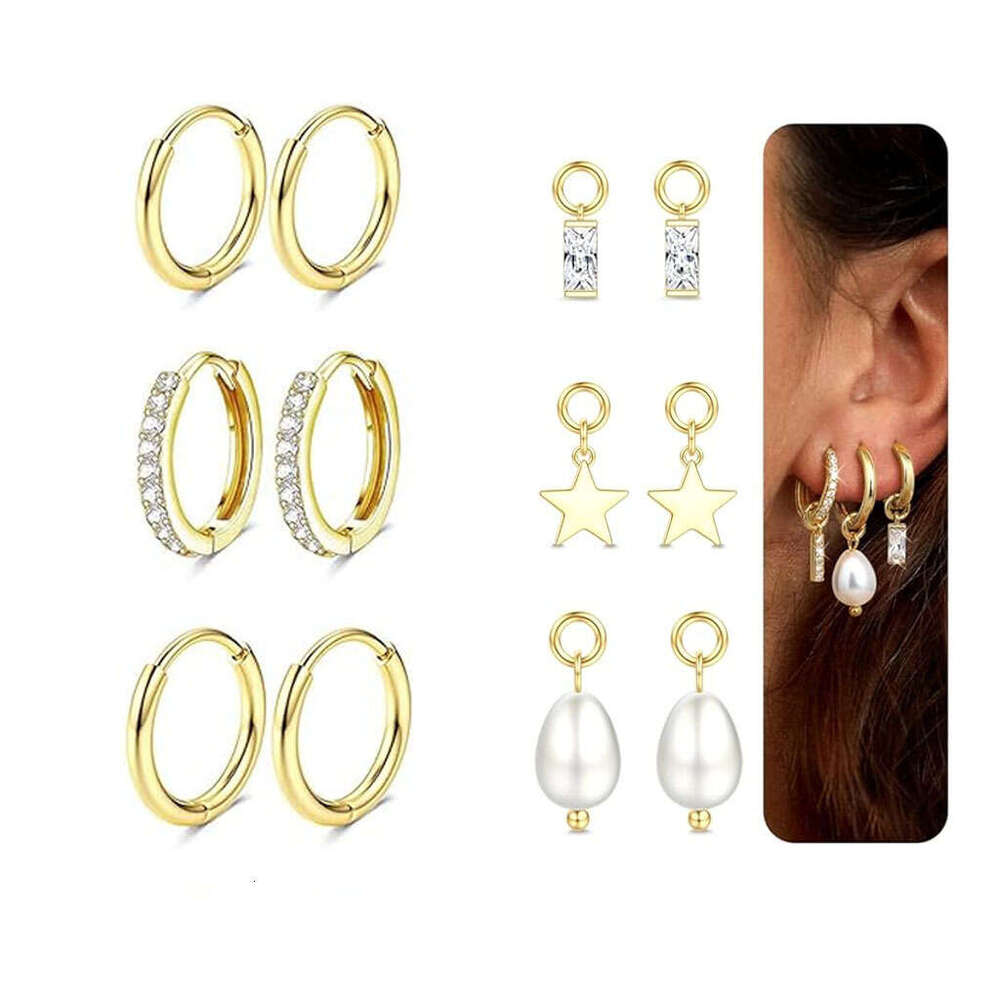 Cross-Border Foreign Trade Best-Selling Flat Back CZ Charms Trendy Versatile gold Stackable Earrings Set Decorations
