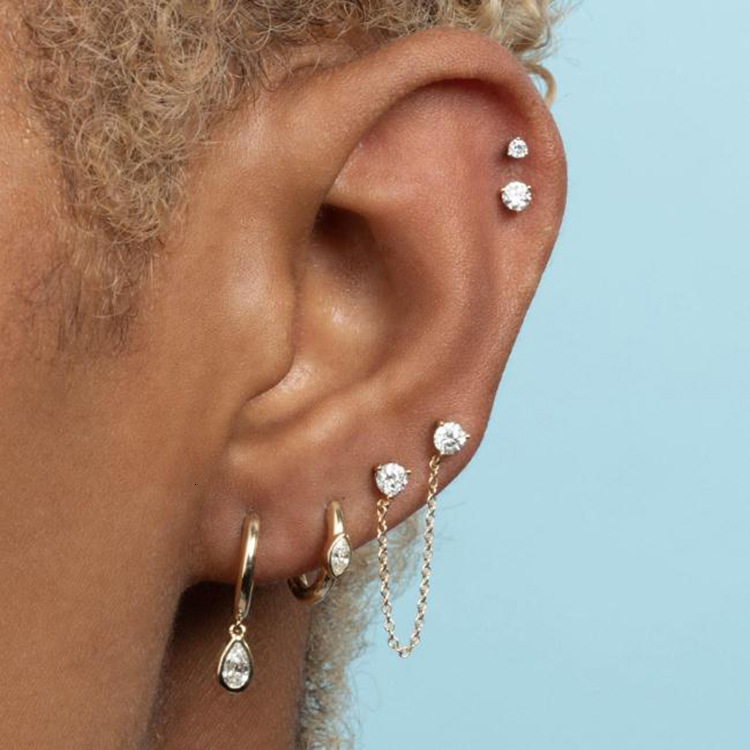 European and American Style Creative Versatile Earring Set S925 Sterling Silver Chain Stud C-shaped Ear Clips Water Drop Zircon Earrings
