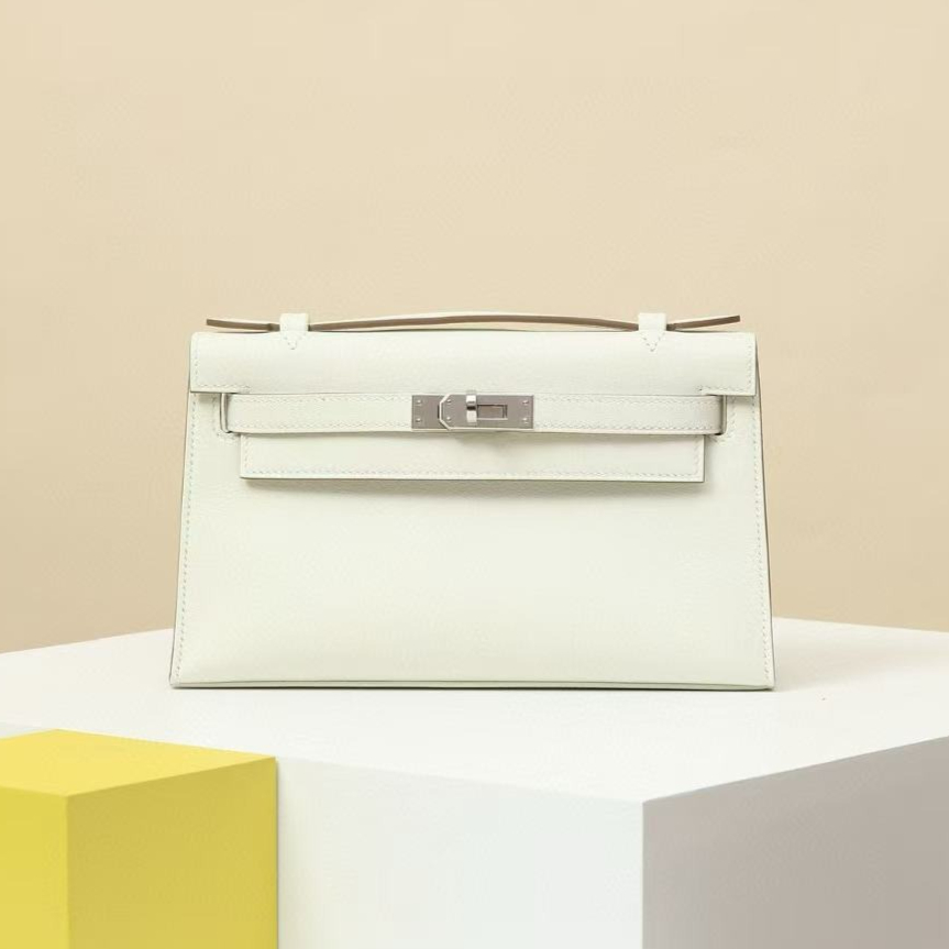 19A Mirror like Quality Designer bag full Handmade Top Quality mini KL pochette 22cm swift leather Luxury handbag wax line New year original package mushroom white