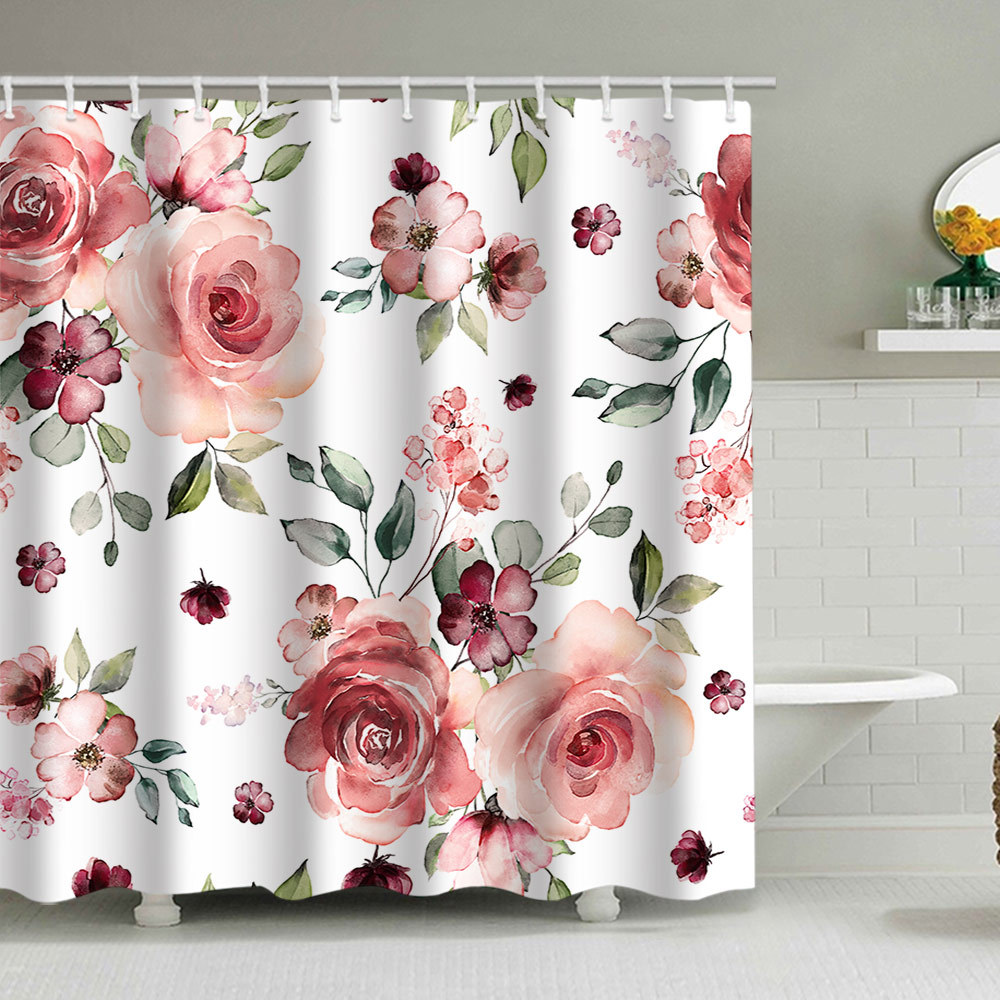 YL-38098 Floral Shower Curtain Set with Watercolor Floral Print Polyester Waterproof Shower Curtain and Bathroom Cover