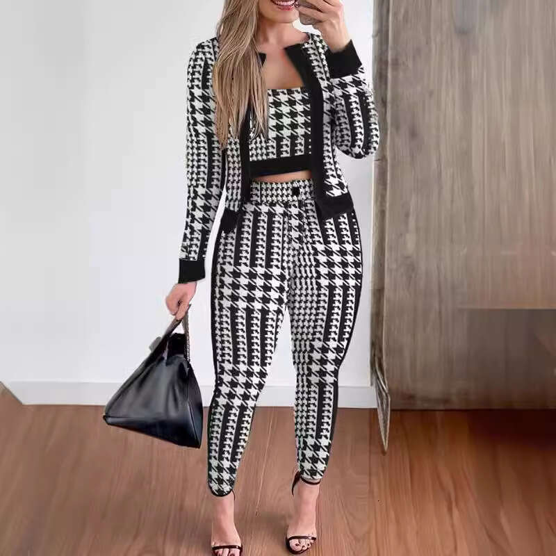 Creative Spring Autumn European and American Style Street Fashion Women's Vest Cardigan Tight Pants Three-Piece Set Hot Sale