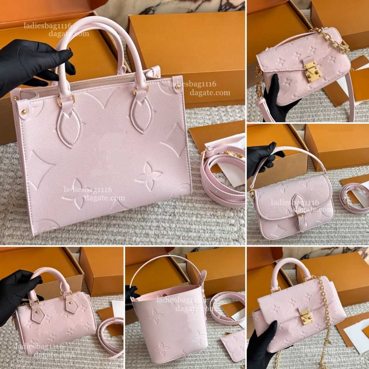 Womens pink bucket bag embossed leather shoulder bag handbag large capacity tote bag classic Monogram bucket bag metal chain crossbody bag wallet pillow bag