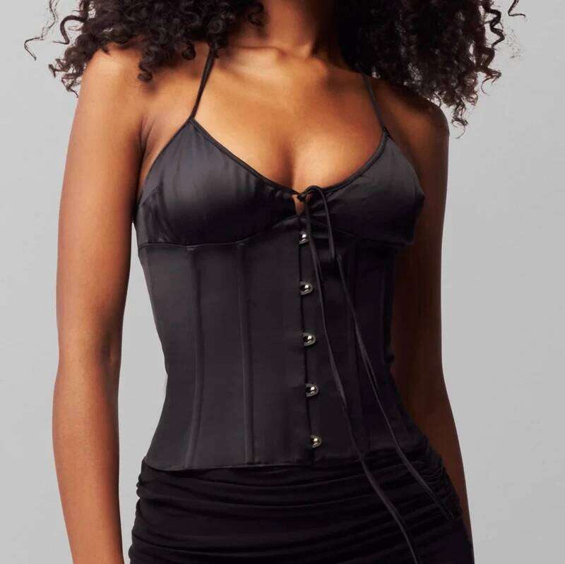 Women Solid Halter Neck Camisole Bodysuit Underwear Summer Front Button Corset Crop Tops Sexy Nigh Out Backless Tie Up Vest